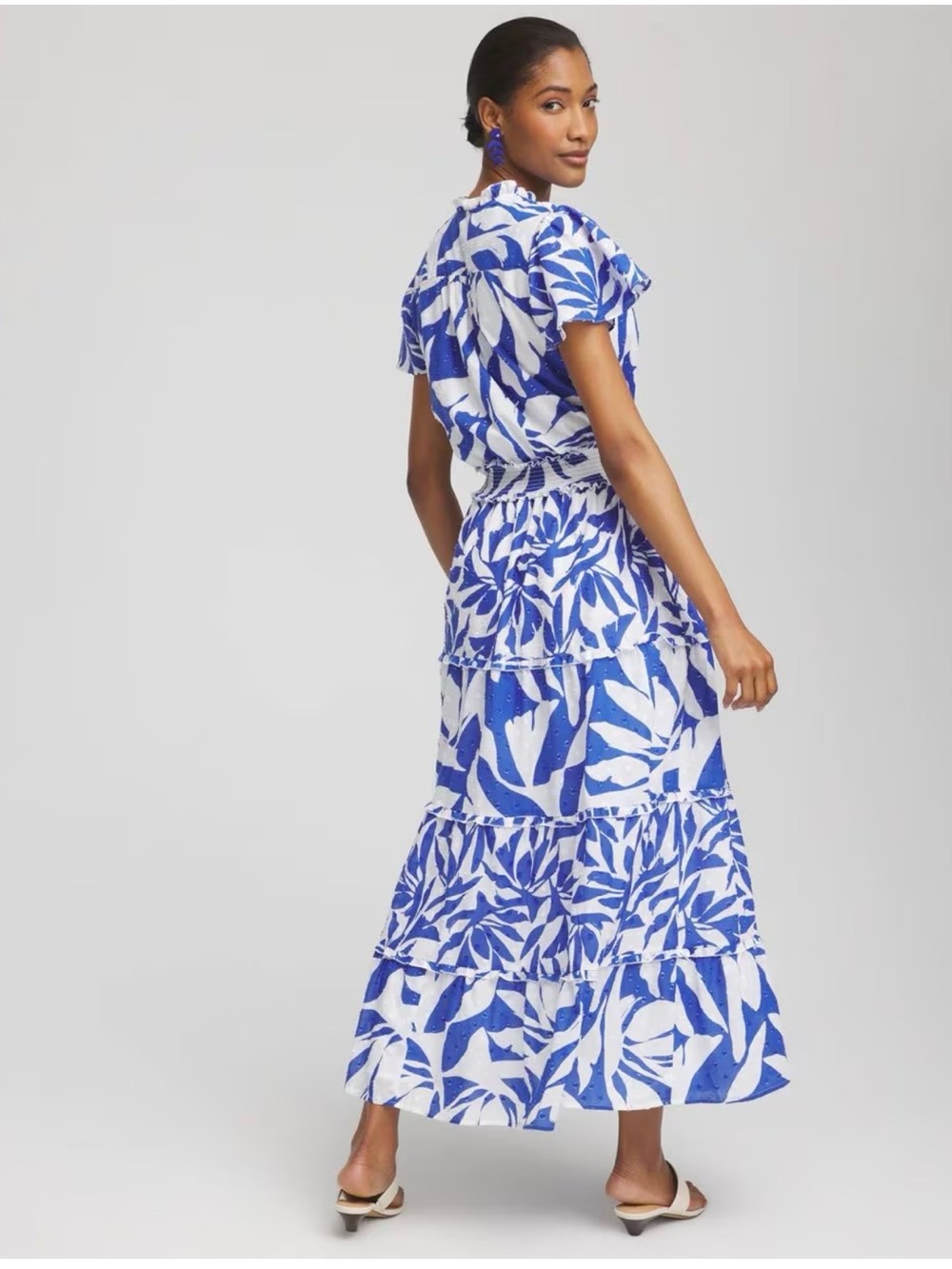 Chico's Flutter Sleeve Blue White Tropical Maxi Dress Size 2 US 12 Cotton Resort - Picture 2 of 15
